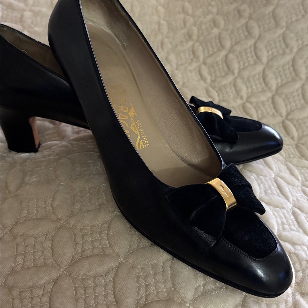 Salvatore Ferragamo Black Heels with Gold Bow Detail